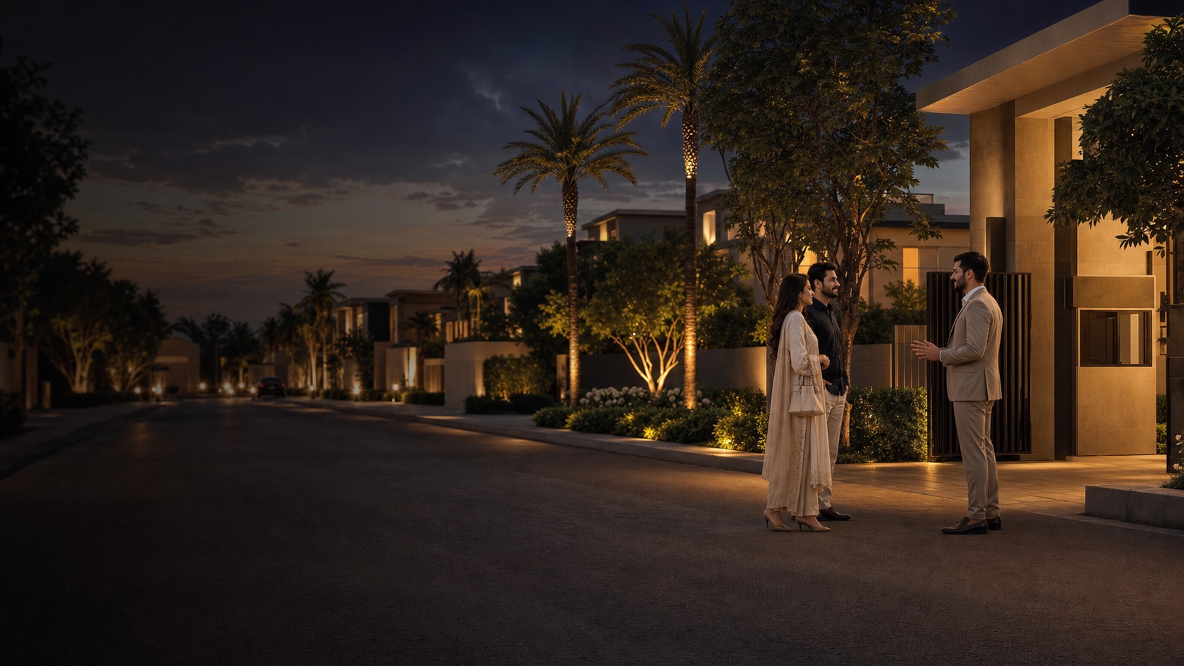 Property advisor welcoming visitors to a premium residential community at dusk