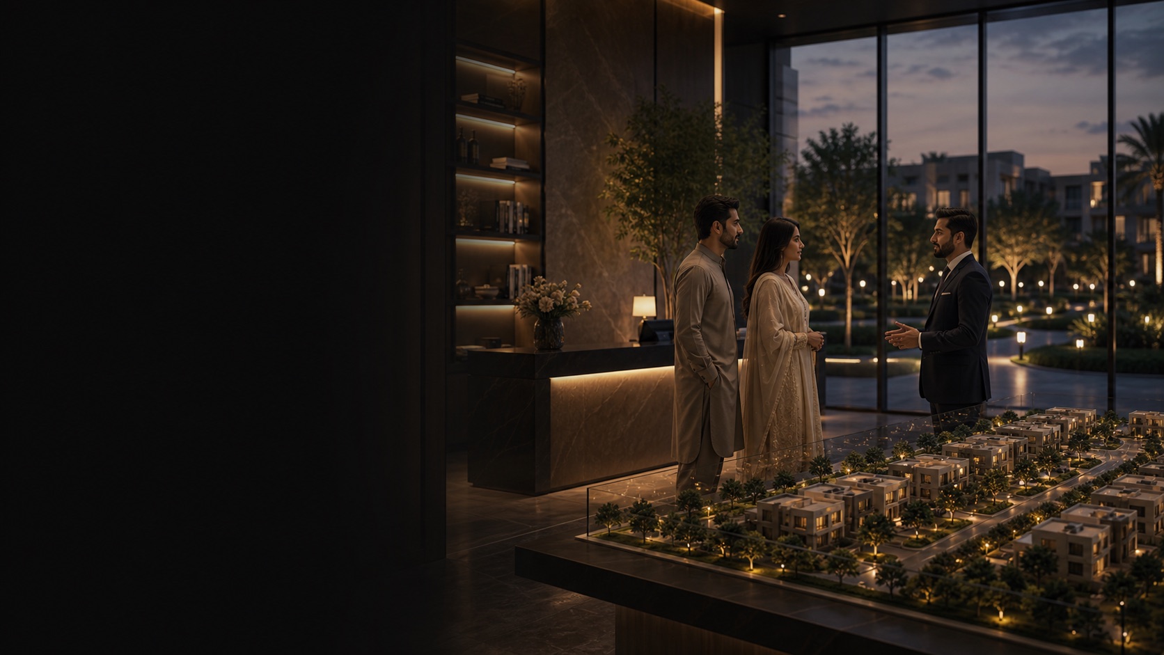 Pakistani visitors meeting a real estate consultant in a premium reception lounge
