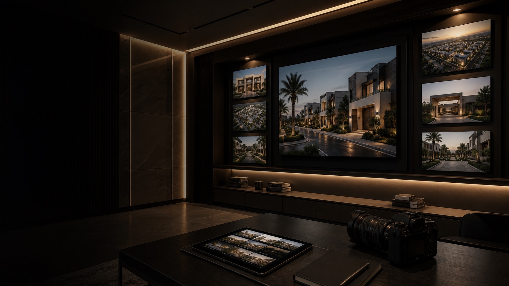 Premium media gallery wall with real estate imagery