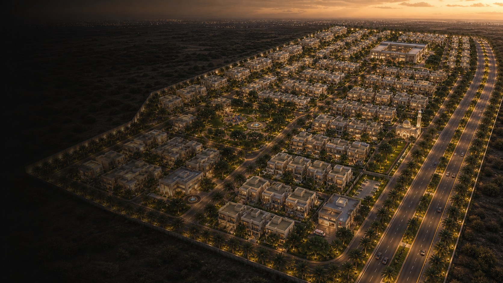 Cinematic aerial concept of a developed Oud Residency community with two-storey homes, roads, parks, masjid, and community facilities
