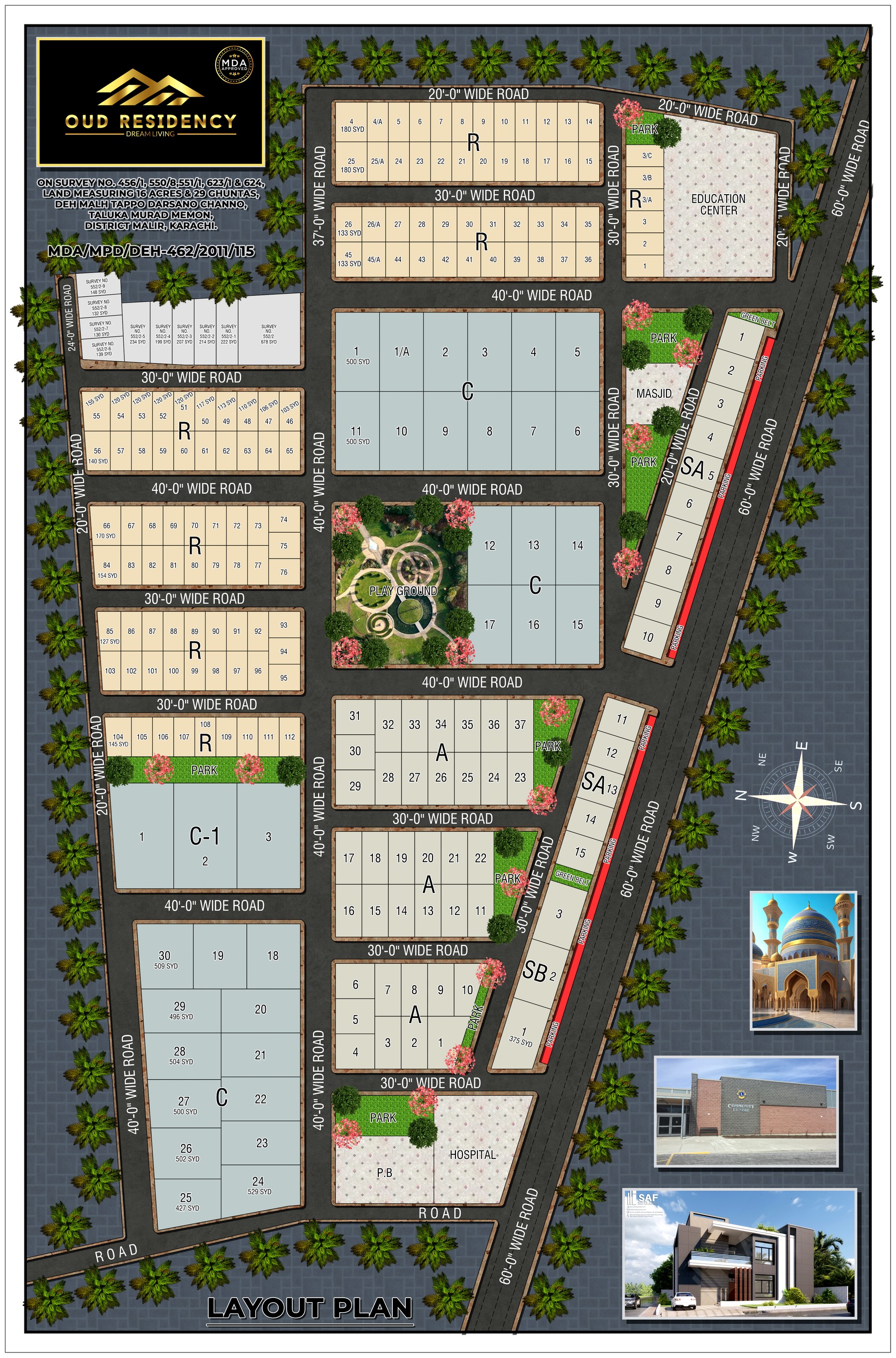 Oud Residency layout plan showing roads, residential and commercial plot blocks, parks, playground, education center, masjid, hospital, and community facilities