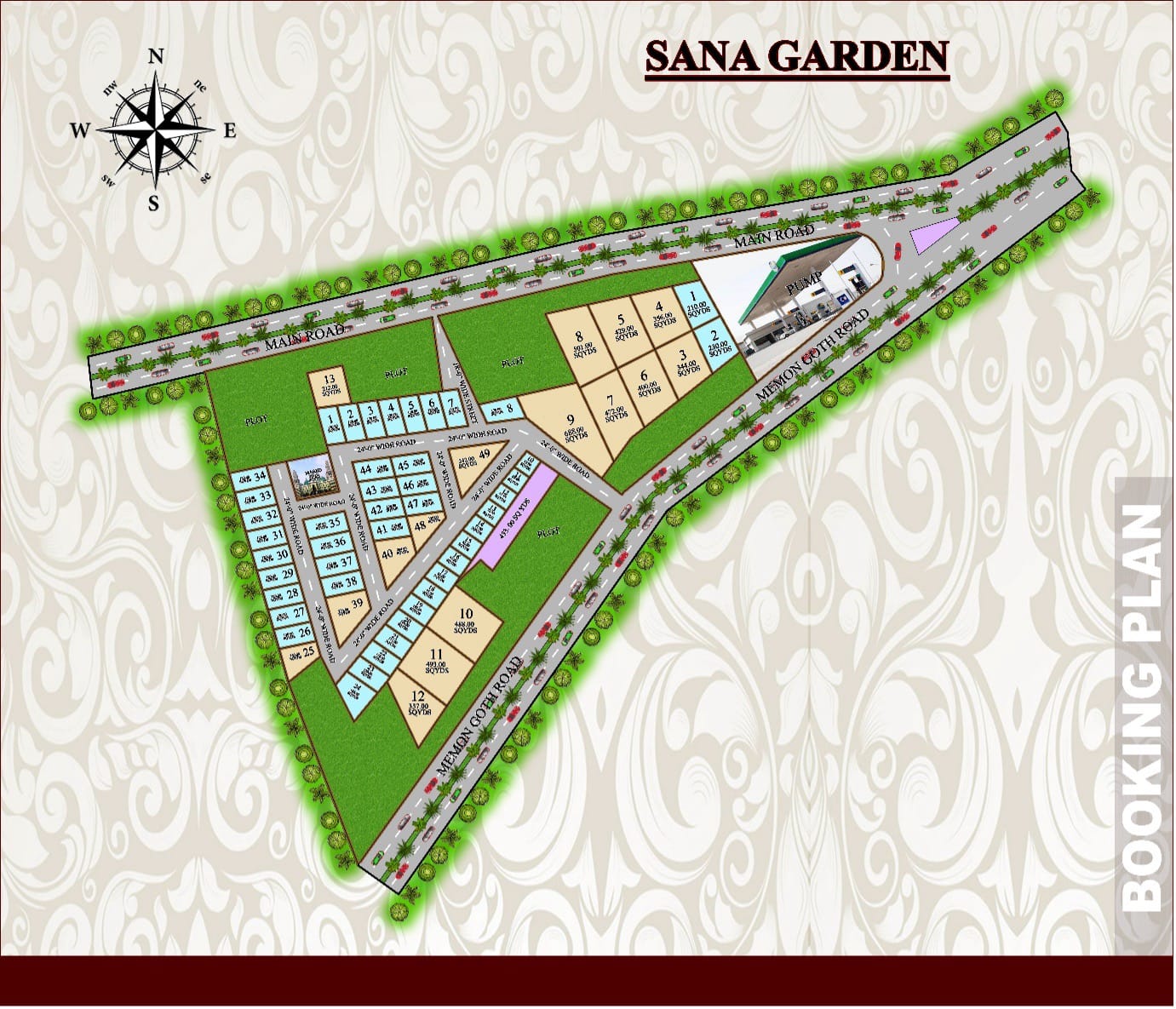 Layout plan of Sana Gardens showing residential plots, internal roads, green spaces, and planned community areas within the project.